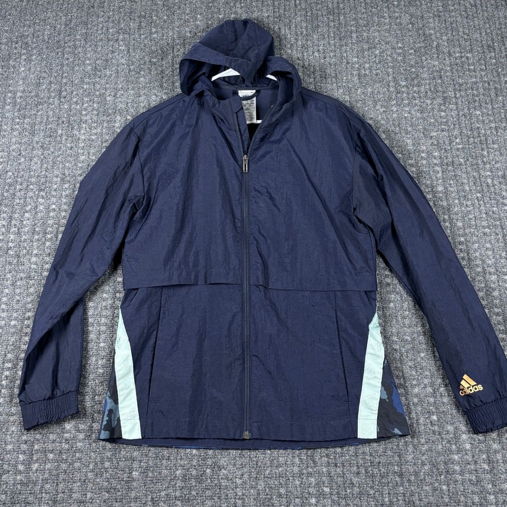 Adidas Hooded Windbreaker Jacket Navy Blue Camo Print Full Zip Small S